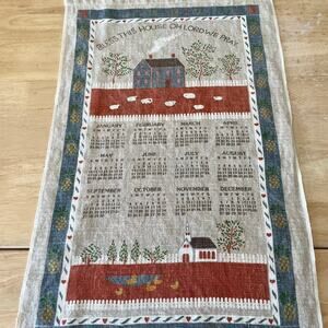 Vintage 1987 Linen Tea Towel Calendar House and Sheep Folklore Print EUC